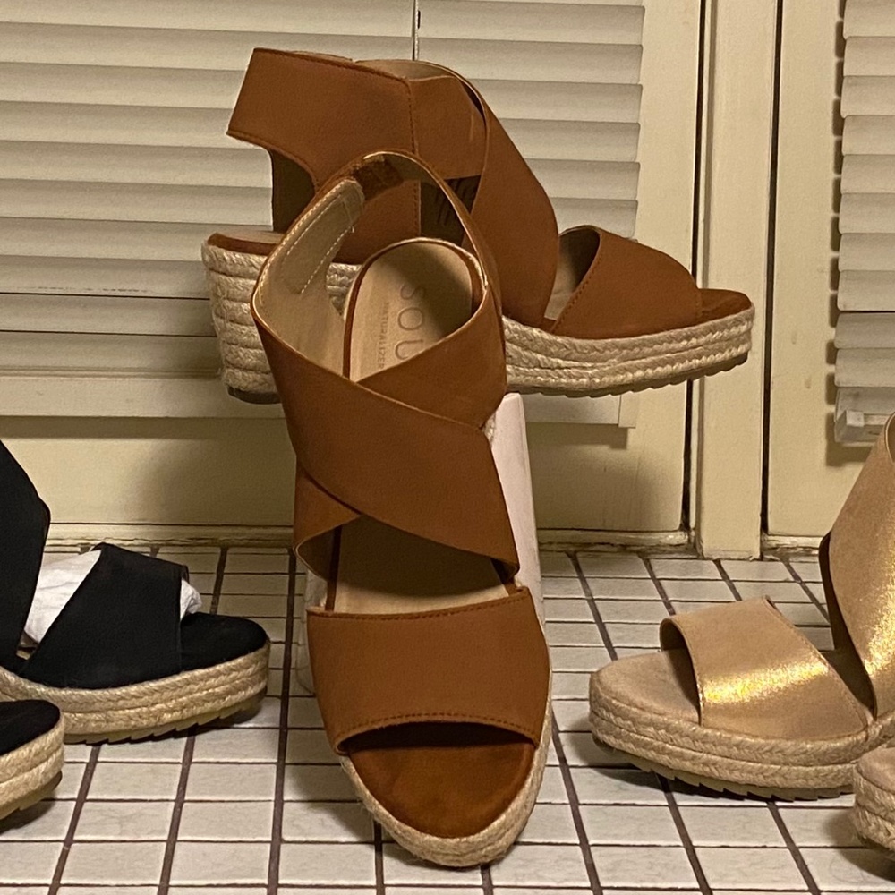 Soul Naturalizer Wedge Platform Espadrilles Leather Brown Sandals Oshay 10 Shoes